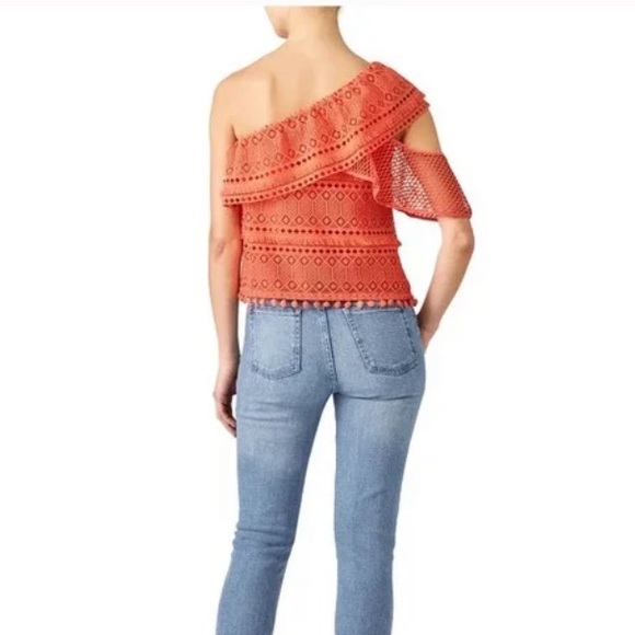 SAYLOR Bess fringe pom pom embroidered ruffle eyelet coral one shoulder - Picture 3 of 12